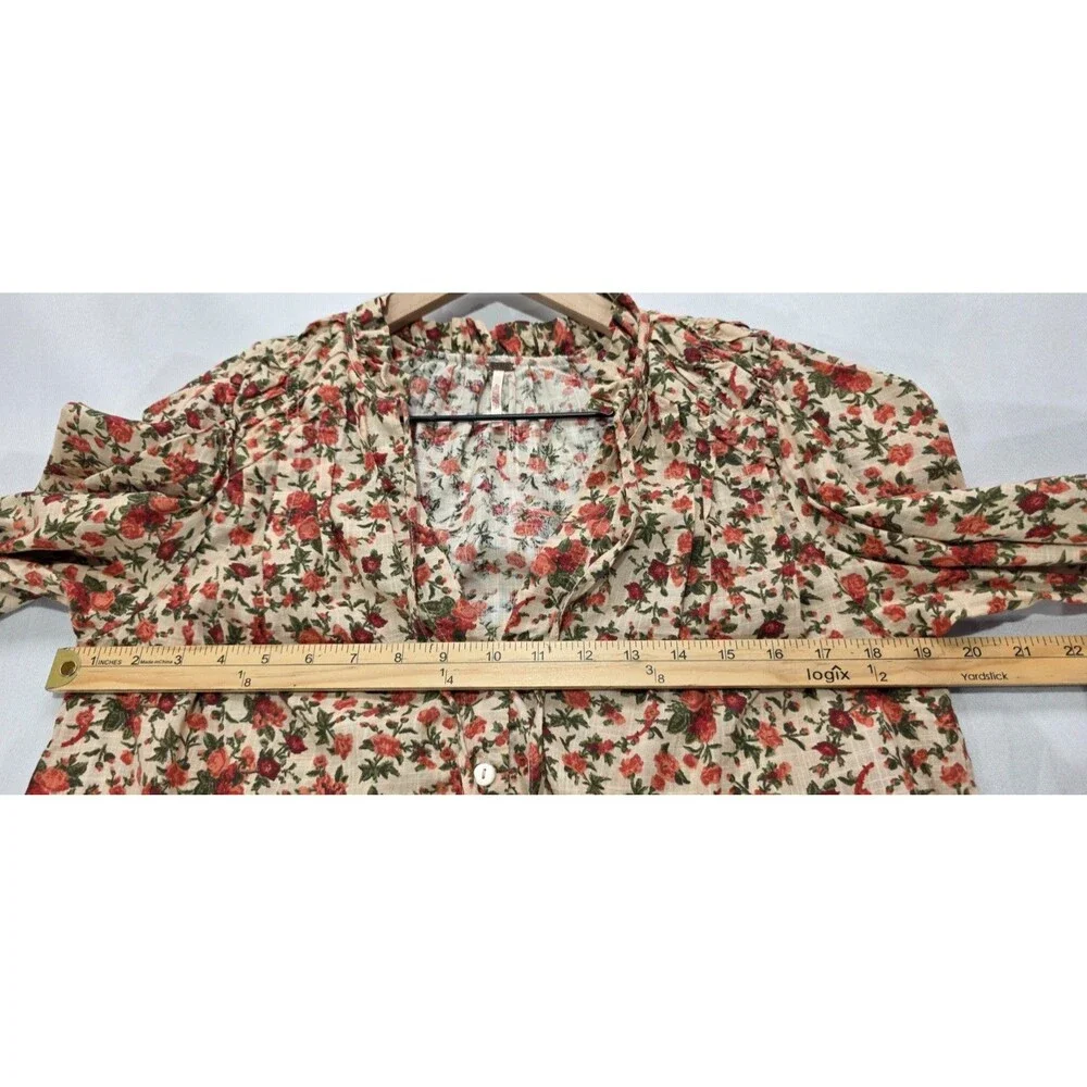 Free People Meant to Be Floral Blouse Ruffle Long Sleeve Cotton XS Romantic Boho